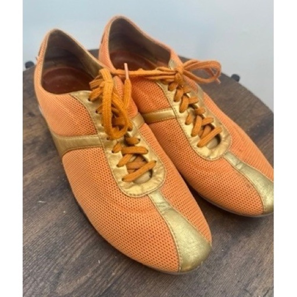 Cole Haan Womens Orange Gold Metallic Leather Sneakers 7.5B Athleisure Sporty